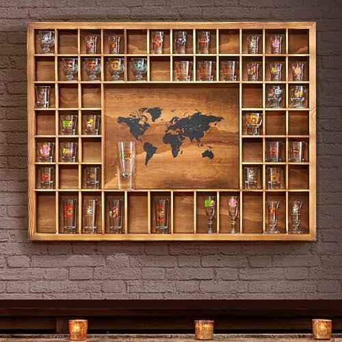Tristcily Large World Map Shot Glass Display Case 60 Slots 34 X 26''Rustic Brown Wood Holder for 2 Different Size Shot Glass In Living Rooms Bars Wine Cellars,Can Also Used for Jewelry Stones&Shell
