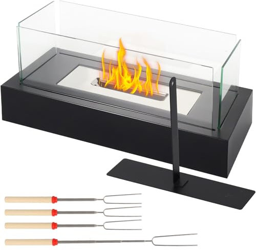 Gekufa Tabletop Fire Pit with Four-Sided Glass Outdoor Bioethanol Tabletop Fireplaces Small Portable Indoor Table Top Fire Pit with Stainless Steel Insert & 4 Extendable Gril Fork Gift for Home Decor
