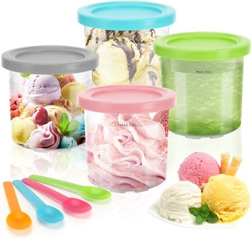 4 Pièces Récipients à Crème Glacée de Rechange , Bacs À Crème Glacée avec Couvercle Et Cuillère, 500 ML Récipient pour ninja Creami NC299AM C300s Series, Accessoires pour Ninja Ice Creami Maker