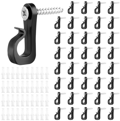 NGUIT 40 Pcs Screw Hooks Q-Hanger with Safety Buckle for Christmas Outdoor Hanging String Lights, Fence Hook All-Weather Stainless Steel Hooks for Festoon Fairy Patio Light, Plants & More