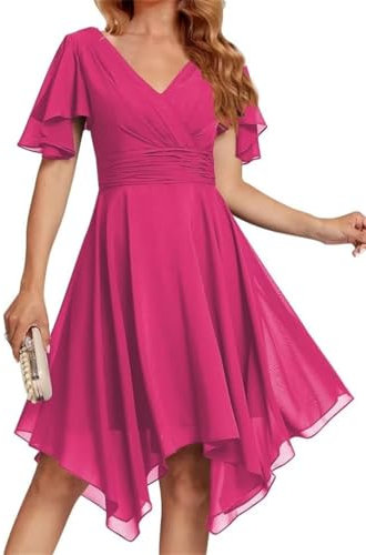 WSEYU ZM145 - Vestido corto de dama de honor con cuello en V, asimétrico, para graduación, cóctel, fiesta, fucsia, 38