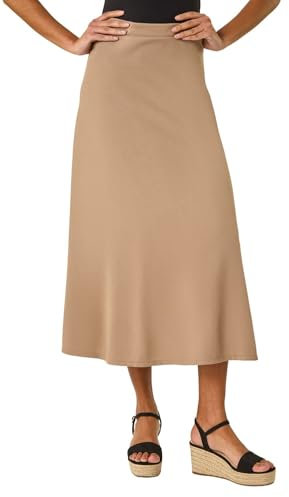 Roman Jersey Skirt for Women UK - Ladies Midi Maxi Floral Animal Print Autumn Winter Swing Smart Casual Office Cocktail Party Going Out Evening Holiday Cruise - Size 12 - Camel