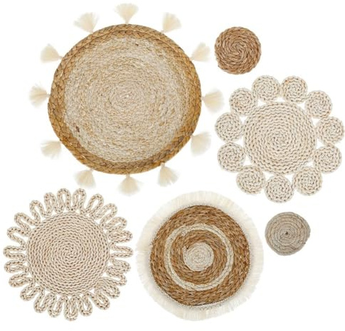 ivamulie 6-Teiliges Boho-Wandkorb-Set, Geflochtene Rattan-Flachkörbe, Wandbehang, Handgefertigte Quasten, Blumen-Wandkörbe, Sofa-Nachttisch-Dekorationen