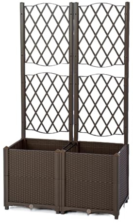 GOPLUS Jardinière Surélevée avec Treillis en Rotin PP, Bac à Fleurs avec Système d'Irrigation et Trous de Drainage, pour Plantes Grimpantes, Installation DIY (Marron,80x40x140cm)