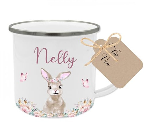 Manufaktur Liebevoll Namenstasse Kinder Kindertasse Personalisiert Emaille Tasse Mädchen Junge Geschenk Hase Ostern Becher