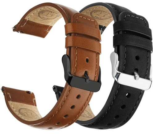 Fullmosa Uhrenarmbänder 20mm Echtleder Schnellwechsel-Armband für Herren | 2er Set Wechsel Lederarmbänder mit Edelstahl-Verschluss Damen,Braun+Schwarz/Schwarz+Silber