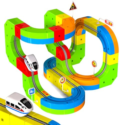 Goody King Trenino Elettrico per Bambini 69 Pezzi - Kit 3D DIY con Binari Magnetici a Cubi, Include Treno e Segnali Stradali, Giocattolo Educativo Creativo STEM Regalo per Bambini 4-12 Anni