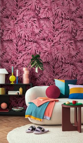 Livingwalls CosmoLiving Non-Woven Wallpaper with Leaf Design in Bright Pink, Black, Pink – 8,80 x 0,53 m Floral Wallpaper by Cosmopolitan – 791458