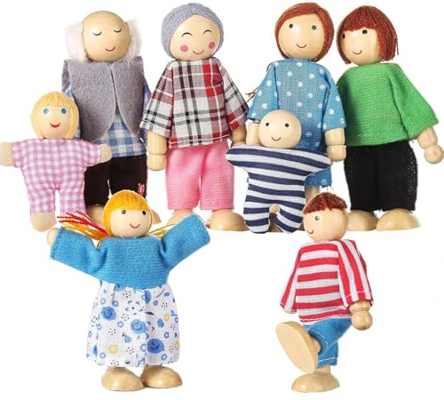 Comebachome Dollhouse People 8 Family Figuren Holzpuppen poable niedliche Puppenhaus -Persönlichkeiten für Mädchen Jungen Kleinkind Kinder Puppenzubehör Acessoires Spielzeug