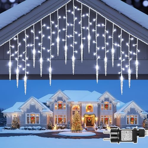 PLODAXE Ghirlanda di luci per esterni, 3,5 m, 96 LED, bianco e cavo di alimentazione da 5 m, con timer, collegabile, 8 modalità, di memoria, IP44, per balcone, ringhiera, tetto, decorazione natalizia