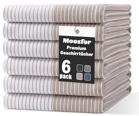 Moosfor Geschirrtücher 100% Baumwolle 6er Set 46 x 72 cm Beige | Premium Küchentücher, Weich & Dick, Saugstark & Langlebig, Oeko-TEX Zertifiziert Spüllappen Putzlappen, Gastronomiequalität