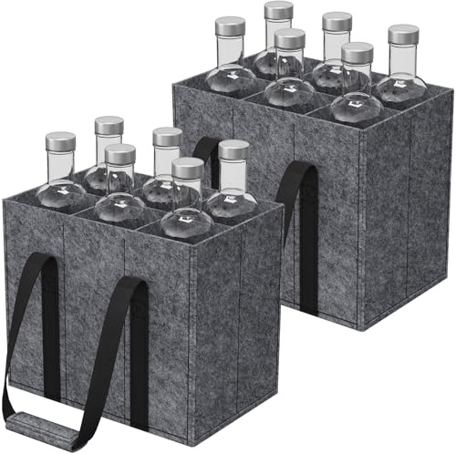Lifewit Flaschentasche, Stabil Filz Flaschenträger mit Griff, Faltbare Flaschenkorb Wohnmobil für Wein, Getränke, Weinflaschen, Bottle, Grau, Für 6 Flaschen, 2 Stück