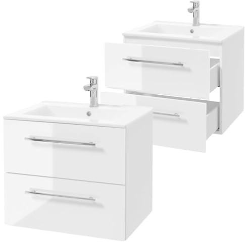 .Deftrans - Waschbeckenunterschrank 60 cm weiß Hochglanz hängend - Waschtisch mit Unterschrank Badmöbel Set mit Waschbecken - Waschbeckenunterschrank mit Waschbecken für kleine Bäder