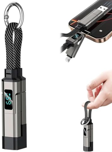 XUDUOO Câble de charge USB C 4 en 1 avec écran LED, charge rapide 65 W, câble tressé court pour porte-clés type C/Lightning/USB-A, câble de données multi-interface pour téléphone, tablette, ordinateur