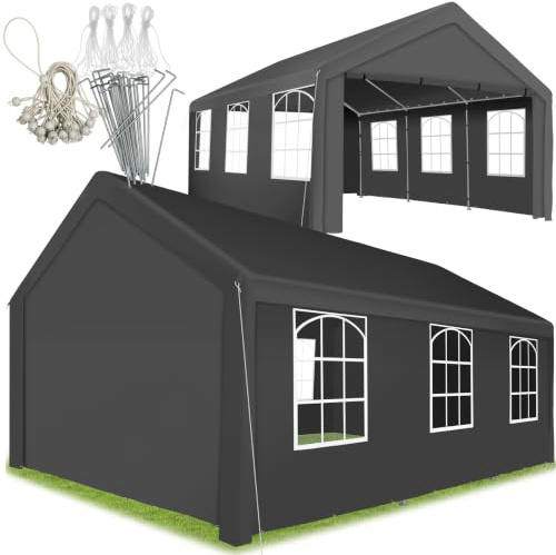 tectake® Gazebo da Giardino 6 x 4 m, Tendone Impermeabile, Protezione UV50+ | 4 pareti laterali, 6 Finestre, Fissaggio a Scatto, Corde e Picchetti, Padiglione per Feste, Telone Antistrappo, Grigio