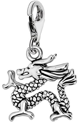Quiges Charm Pendentif Breloque avec Fermoir Femme Plaqué Argent Dragon Chinois 3D