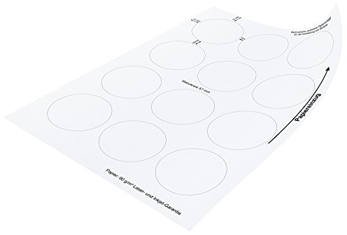 Buttonpapier (Kreisdurchmesser: 57,2 mm) für 56 mm Buttons zum selber machen, A4 Druckvorlagen, 25 Blatt (300 Papierkreise), weiß, 100 g/m²