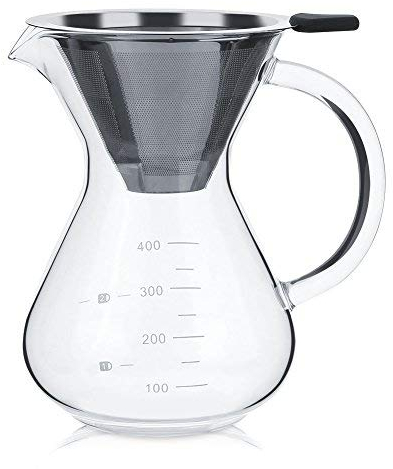 Cafetera de Vidrio, Filtro de Acero Inoxidable Reutilizable Cafetera de goteo Manual de 400 ml con Manija
