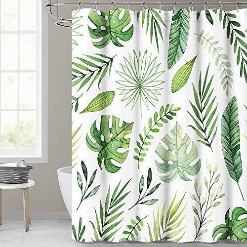 KGORGE Waterproof Shower Curtain for Bathroom, Tropical Palm Leaf Pattern on White Background, Botanical Curtain Accessory Decor Set for Laundry Room Poolside, 72 x 72 inch with Hooks