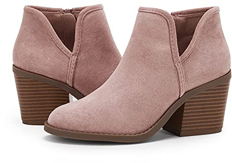 PiePieBuy Womens Ankle Boots Chunky Stacked Heel Slip on Shoes Faux Suede Side Zipper Casual Western Booties
