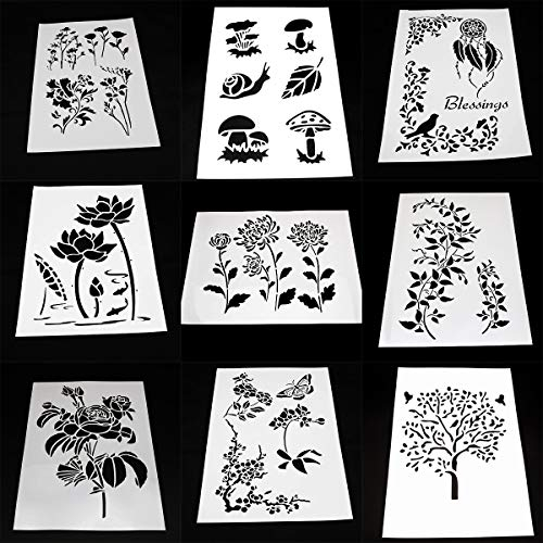 BLUGUL 9 Stück A4 Schablonen, Zeichenschablonen, für Wand Boden Fliesen Holz Stoff Möbel, Baum Blume Rebe Lotus Pilz