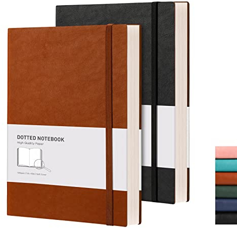 RETTACY Gepunktetes Tagebuch, 2er-Pack, B5 Bullet Dotted Grid Journal mit 192 nummerierten Seiten pro Packung, 100 g/m² säurefreies Papier, Leder-Softcover, Innentasche, 19,3 x 25,4 cm (Schwarz und