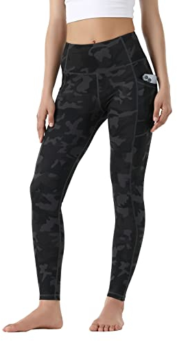 Leovqn Damen Sport Leggings Hohe Taille Blickdicht Yoga Hosen mit Taschen für Sports Laufen Joggen Training Freizeitkleidung Deep Coal Camo M