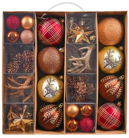 VALERY MADELYN Weihnachtskugeln 60 Stücke Christbaumkugeln Geschenkpaket Weihnachtsbaumschmuck Kunststoff Kupfergold Weihnachtsdeko mit Aufhänger Wald Thema