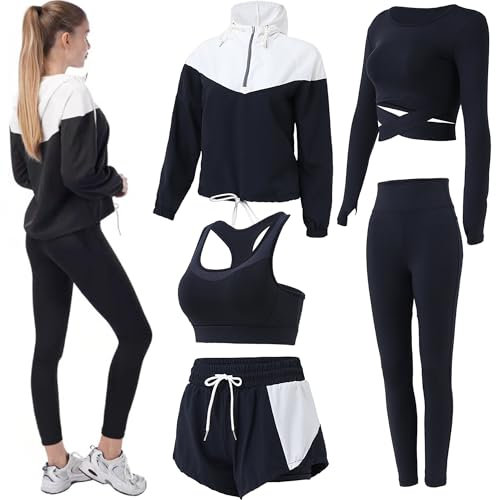 Inmarces 5 Stück Sport Set Damen Sportbekleidung Yoga Set Trainingsanzug Jogging Gym Pilates Sport Outfit Damen Set(BK01,M)