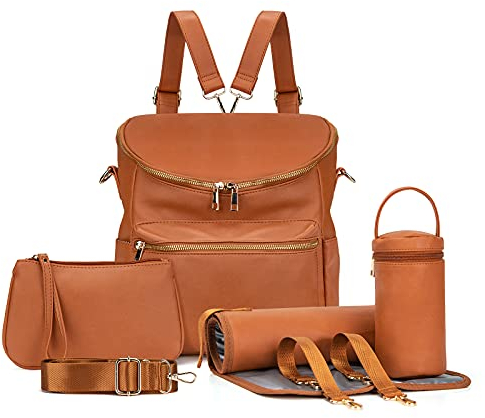 Wickeltasche, modischer Rucksack, Leder, Mama-Rucksäcke, Reise-Kleinkind-Baby-Wickeltaschen mit Taschen-Organizer und Wickelunterlage, braun