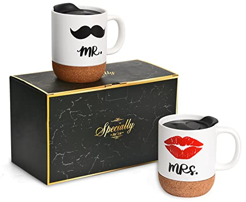 Tougo Mr and Mrs Tazze di Ceramica con Base in Sughero e coperchio, Regalo Coppie Unico per Sposa e Sposo, Regali Di Fidanzamento, Anniversario, Natale, Valentino,380 ML