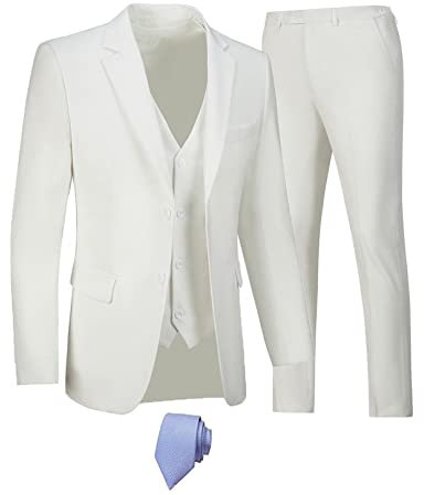 Furuyal Herren Anzug Slim Fit 3 Teilig Anzug Blazer Kleid Business Hochzeit Party Jacke Weste & Hose mit Krawatte, elfenbeinfarben, L