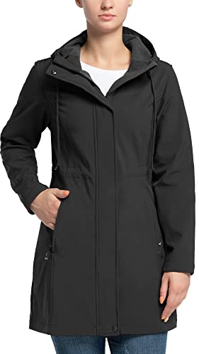 33,000ft Giacca Softshell da donna Giacca leggera impermeabile da pioggia Giacca lunga di transizione funzionale a vento Cappotto Softshell con cappuccio traspirante Nero XL