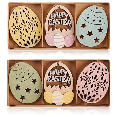 com-four® 6X Dekoaufhänger Ostern - Osterschmuck aus Holz zum Aufhängen - Holzaufhänger Osterei für den Osterstrauß (6 Stück - Ostereier)