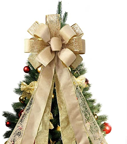 Christmas Tree Topper Bow, 43x13 Inches Large Toppers Bows for Christmas Tree, Glitter Satin Mesh Streamer and Wired Edge, Xmas Ornament Treetop Hanging Decorations & Gift