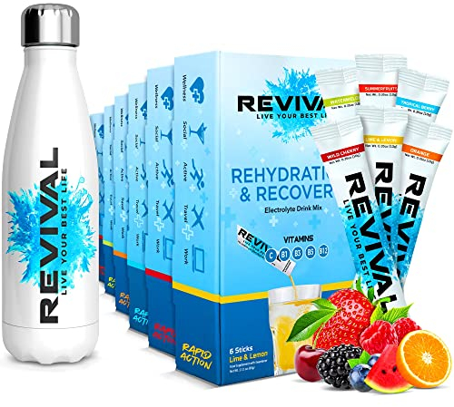 Revival Rapid Rehydration Hero Pack - 500ml Steel Water Bottle With 6 x 6 Packs Electrolytes Powder Sachets - Assorted Flavours