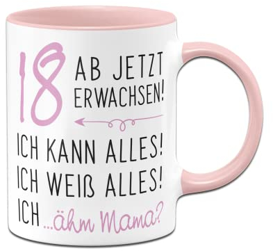 Tassenbrennerei Tasse mit Spruch 18 ab jetzt erwachsen - Kaffeetasse als lustiges Geschenk zum 18. Geburtstag für Sohn und Tochter (Rosa)