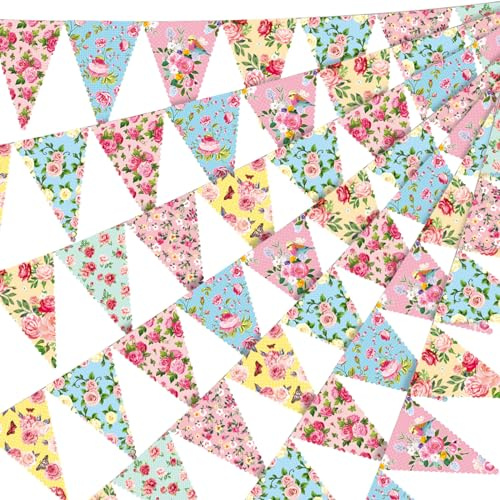 Faccito 60 Pcs 49 ft Floral Tea Party Banner Paper Bunting Decoration