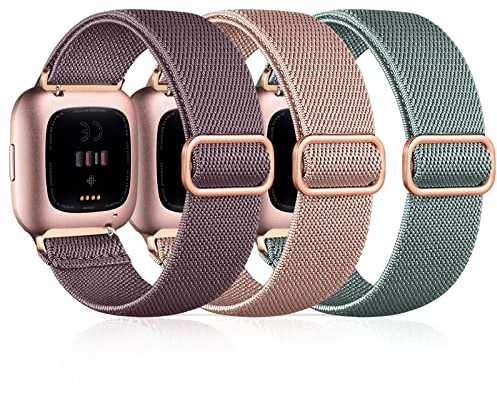 Dirrelo 3 Pack Nylon Elastic Ersatzarmband Kompatibel mit Fitbit Versa 2 Armband/Fitbit Versa Armband für Damen Herren, Stoff Sport Armbänder für Fitbit Versa 2/Versa/Versa Lite/SE, Lila+Rosa+Grün