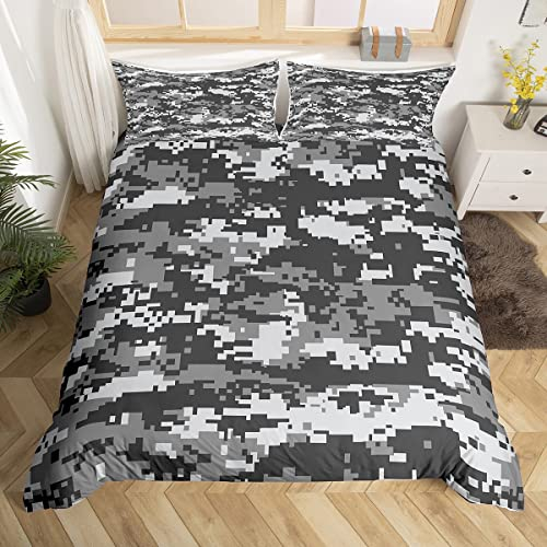 Schwarz Grau Weiß Camouflage Bettbezug Set S Größe Abstrakte geometrische Gitter Camo Bettwäsche Set Kinder Jungen Männer Teens Armee Camo Tröster Abdeckung Moderne Quilt Cover,1 Kissenbezug