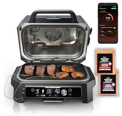 Ninja OG951 Woodfire Pro Connect Premium XL Outdoor Grill & Smoker, Bluetooth, App-fähig, 7in1 Master Grill, BBQ Smoker, Outdoor Air Fritteuse, Woodfire Technologie, 2 integrierte Thermometer, schwarz