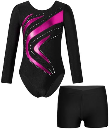 JanJean Kinder Mädchen Gymnastikanzug Glänzend Ballettanzug Langarm Turnanzug Ballett Trikot mit Kurze Hose Wettbewerb Tanzkostüm Y Lichtrosa 122-128