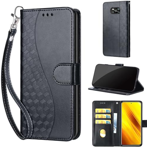 TOMYOU Handyhülle für Xiaomi Poco X3 NFC / X3 / X3 Pro Hülle, Schwarz | Stoßfeste Flip Schutzhülle, Kartenfächer, Standfunktion,Magnetisch, Kunstleder, Klappbar Brieftasche