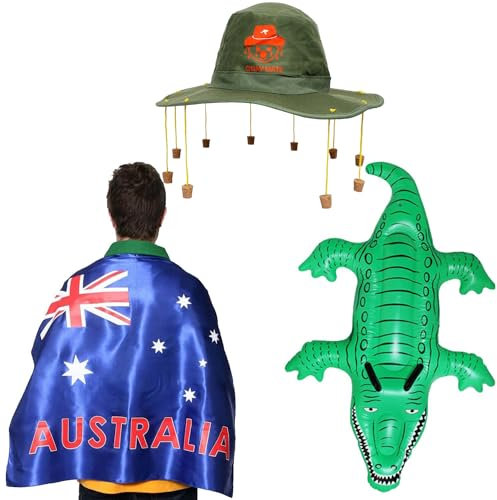 I LOVE FANCY DRESS Australia Day Kostüm-Set – australische Flagge + australischer Korkhut mit Koala-Print + aufblasbares Krokodil