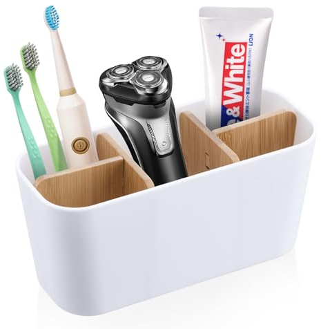 Porta Spazzolino Elettrico Divisorio in Bambù, Porta Spazzolino Dei 5 Scomparti Per Spazzolino da Denti, Porta Spazzolini Bagno Multifunzionale Adatto per Ufficio, Soggiorno, Piano di Appoggio