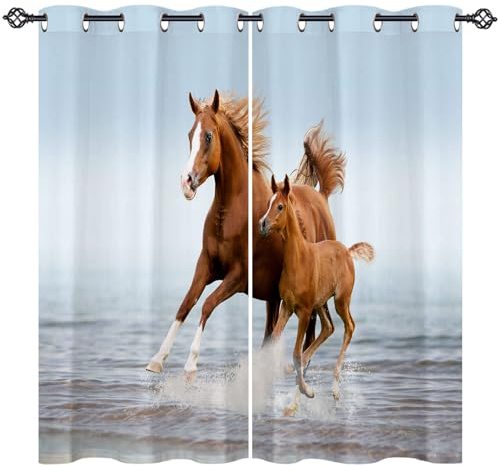 ANHOPE Tier Pferd Stute Pony Blickdichte Gardinen mit Ösen Thermo Vorhänge Blackout Curtain Weich Verdunklungsvorhänge Wohnzimmer Schlafzimmer Vorhang 2er Set H 138 x B 117 cm
