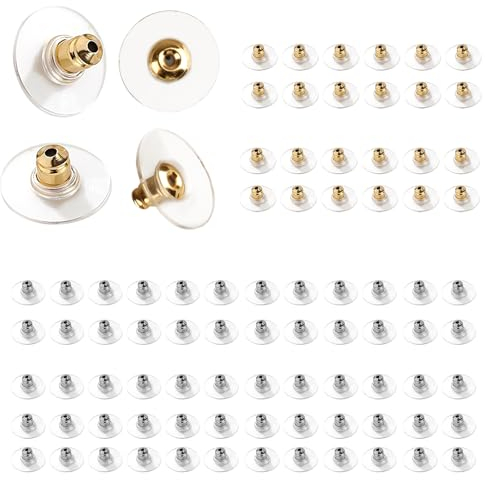 100 Stück Ohrstecker Verschluss, Universal Ohrring Stopper Silikon Klar, Sichere Ohrstecker Rücken, Ohrring Stecker für Damen (Silber, Gold)