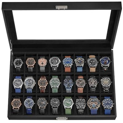 SONGMICS Uhrenbox, 24-Slot Uhrenetui, abschließbare Uhrenaufbewahrungsbox mit Glasdeckel, Geschenkidee, Tinte schwarz Kunstleder, Tinte schwarzes Futter UJWB024B02