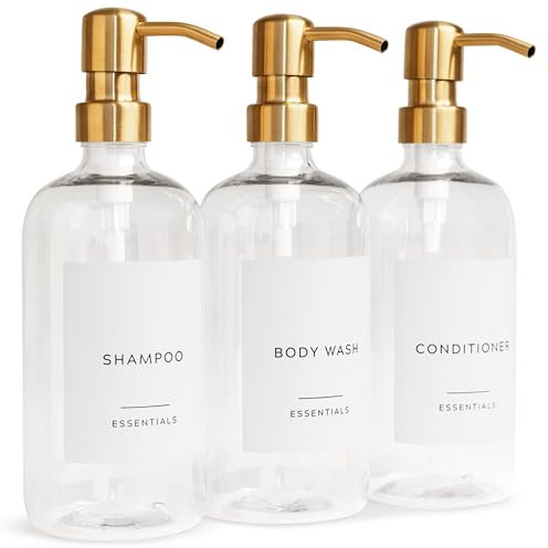 Stylish Shampoo and Conditioner Dispenser Set of 3 - Modern 21oz Shower Soap Bottles with Pump and Labels - Easy to Refill Body Wash Dispensers for an Instant Bathroom Decor Upgrade