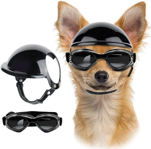 UOSIA Hundehelm Und Brille Für Kleine Hunde Sommermode Haustier Sonnenbrille Motorrad Fahrrad Helm Mit Ohrlöchern Für Haustiere Reisen Wandern